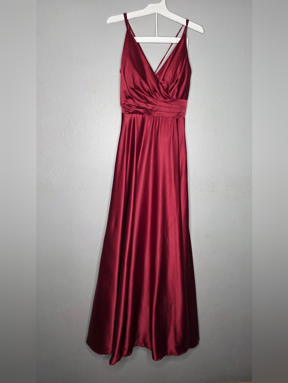Fiesta Fashion Burgundy Satin Evening Gown with Slit and Shawl- Small